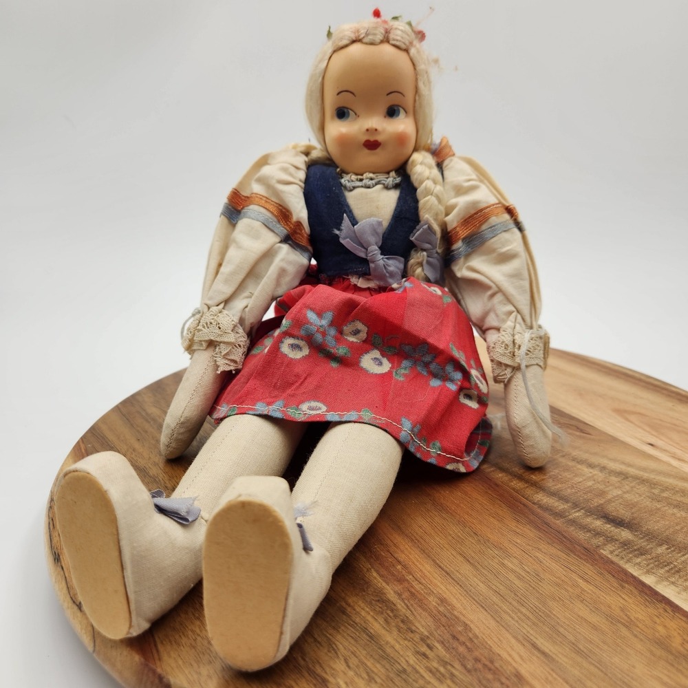 Vtg 50s AD‎ Sutton Poland Doll 14" Celluloid Face Side Glancing Eyes Krakow Folk